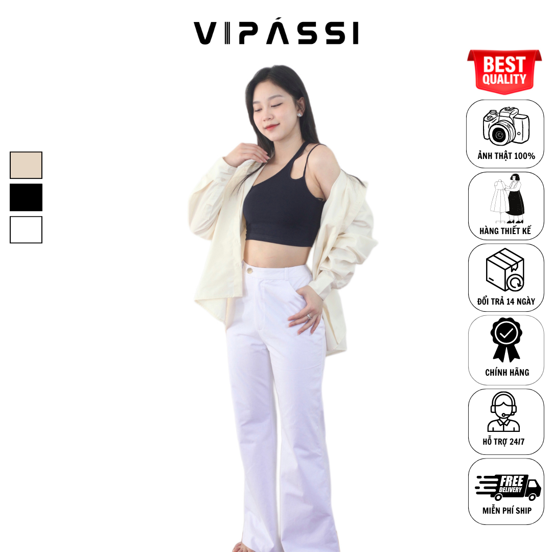 VIPÁSSI - Quần Tây Dài Dáng Suông Loe Nhẹ Khóa Kéo Lưng Cao Họa Tiết Quai Dê Cách Điệu Dài