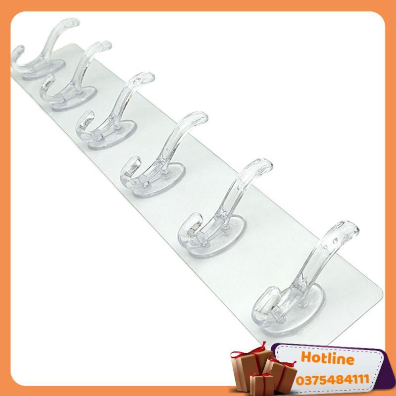Thanh Treo Đồ 6 Móc Trong Suốt - Tiện Lợi Dán Tường Siêu Dính - Treo Được Nhiều Đồ Hơn - Tiết Kiệm Không Gian Nhà Ở - Hàng Loại 1