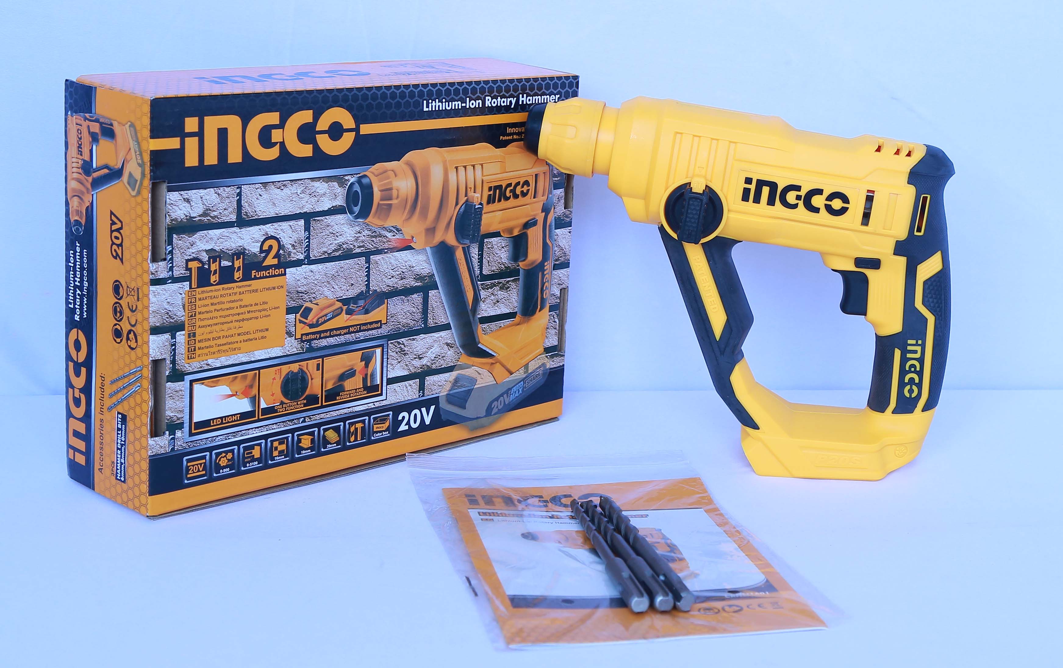 Máy khoan bê tông dùng pin 20V INGCO CRHLI1601 tốc độ 900rpm, tốc độ búa 5100bpm, khả năng khoan 16 mm, kèm mũi khoan