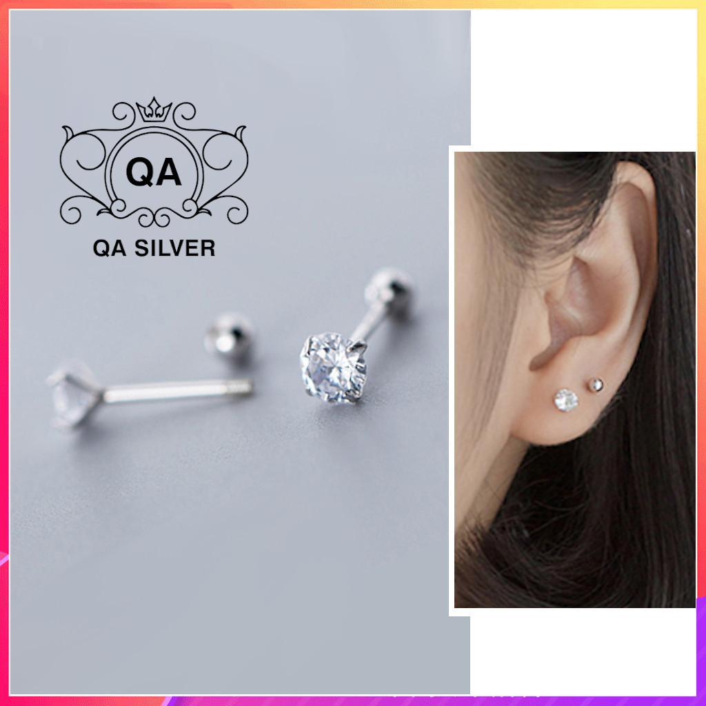 Khuyên tai bạc 925 nụ đá chốt vặn bông nam nữ S925 MINIMAL Silver Earrings QA SILVER EA210211