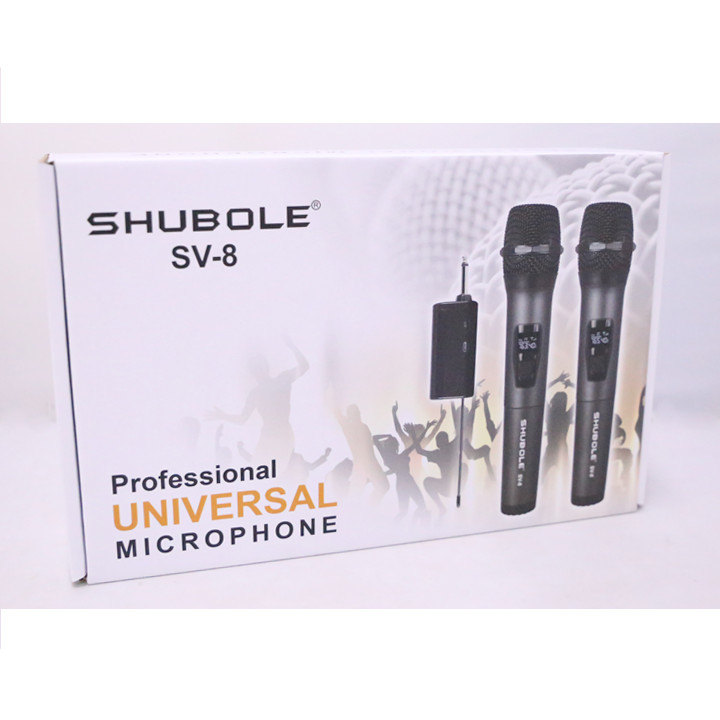 Micro Karaoke Không Dây Shubole SV-8 Gồm 2 Micro 1 Đầu Thu Mini Hỗ Trợ Hầu Hết Các Loại Loa, Amply Chính Hãng