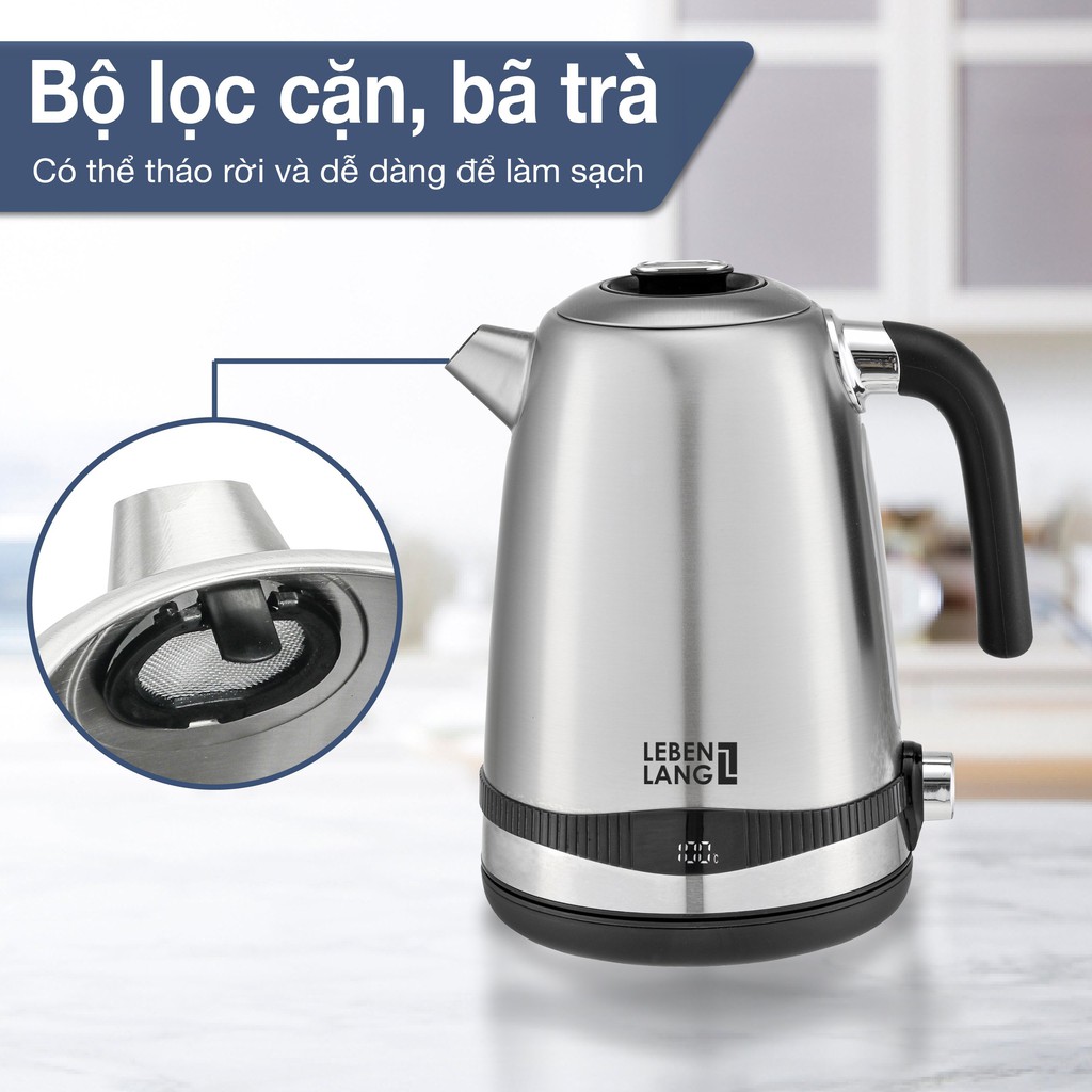 Ấm siêu tốc LEBENLANG 1.8 lít bằng inox 304 có LED hiện nhiệt độ, LBE2662 - hàng chính hãng