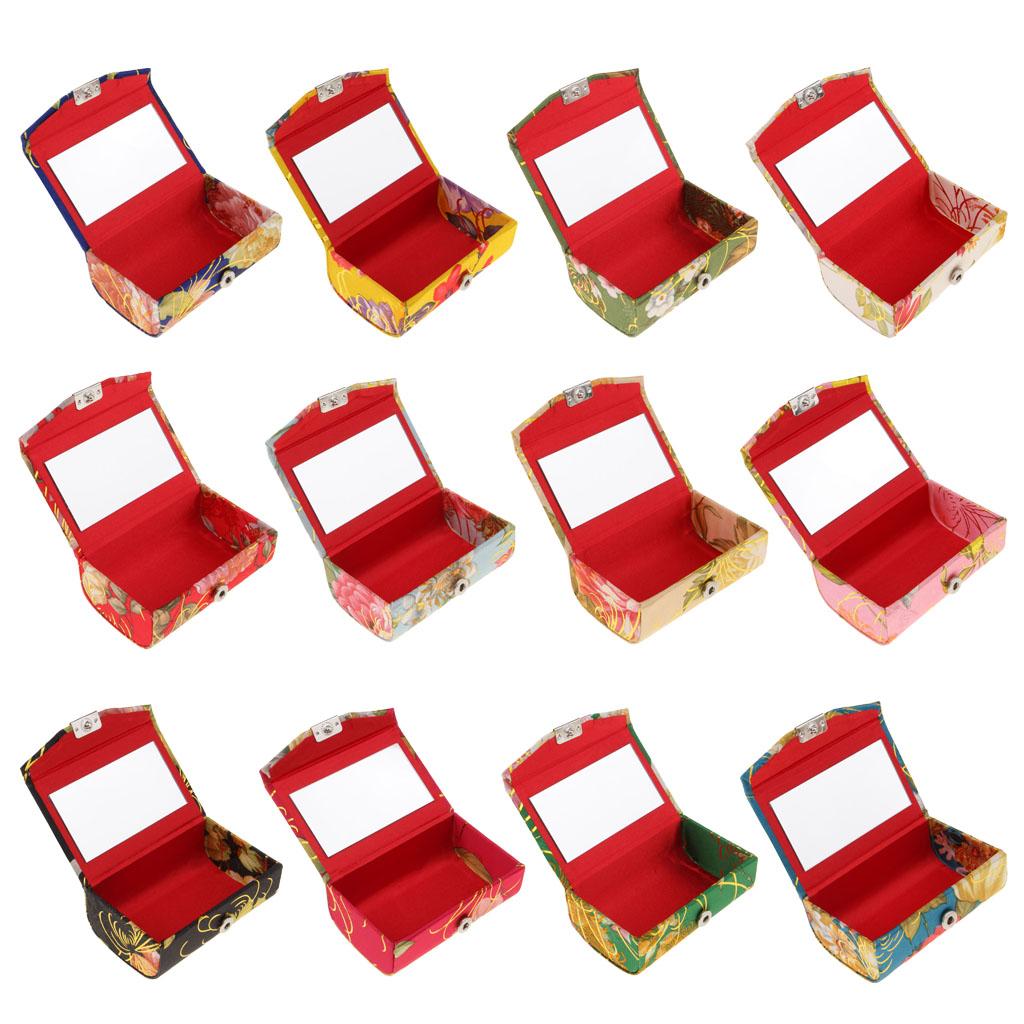 Embroidered Brocade Lipstick Lip Gloss Case Jewelry Storage Box Makeup Holder With Mirror Inside with Snap-On Closure