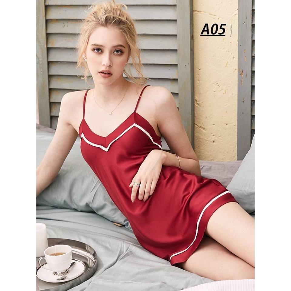 Đầm ngủ phi lụa sọc viền