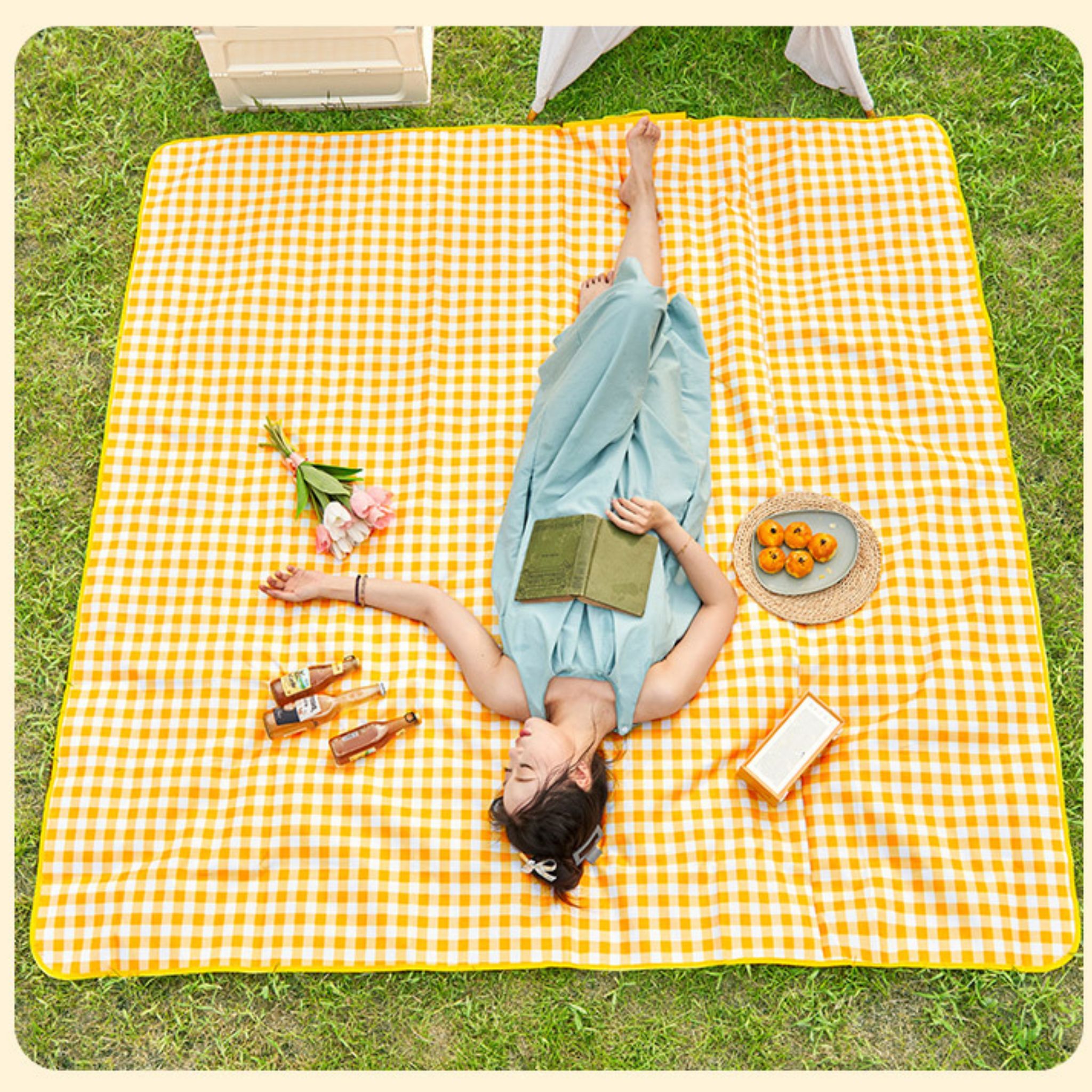 Thảm picnic Suncojia, thảm chống ẩm, kiểu sọc vàng trắng, thảm bãi biển, kích thước 2×2 mét