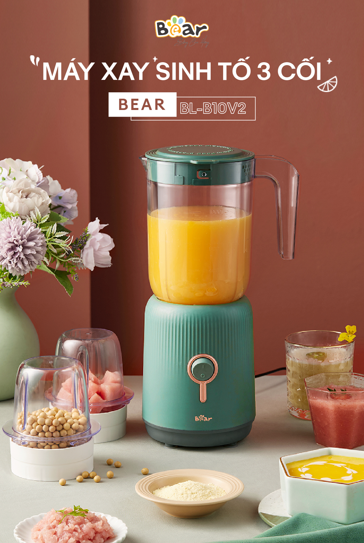 Combo Nồi Nấu Chậm 2,5L Bear SUBE003 và Máy xay ăn dặm đa năng 3 cối B10V2 nấu cháo, chưng yến, ăn dặm tiện dụng - Hàng chính hãng