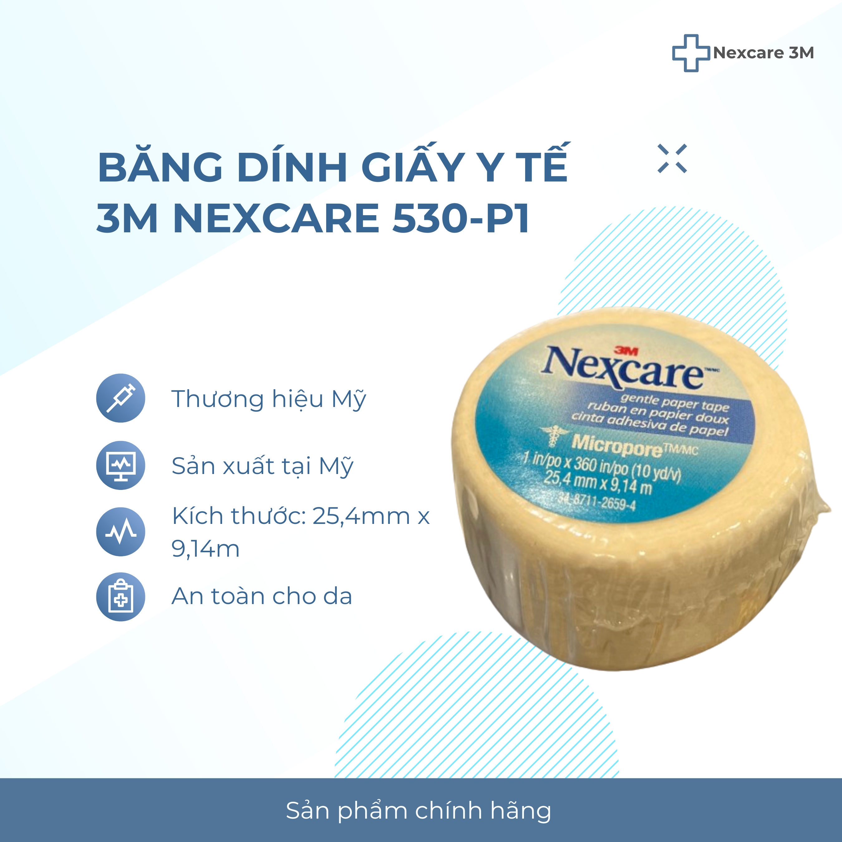 Băng keo y tế cuộn giấy Nexcare 530-P1, kích thước 2.5mm x 9.1m, sản xuất tại Mỹ (giá 1 cuộn)