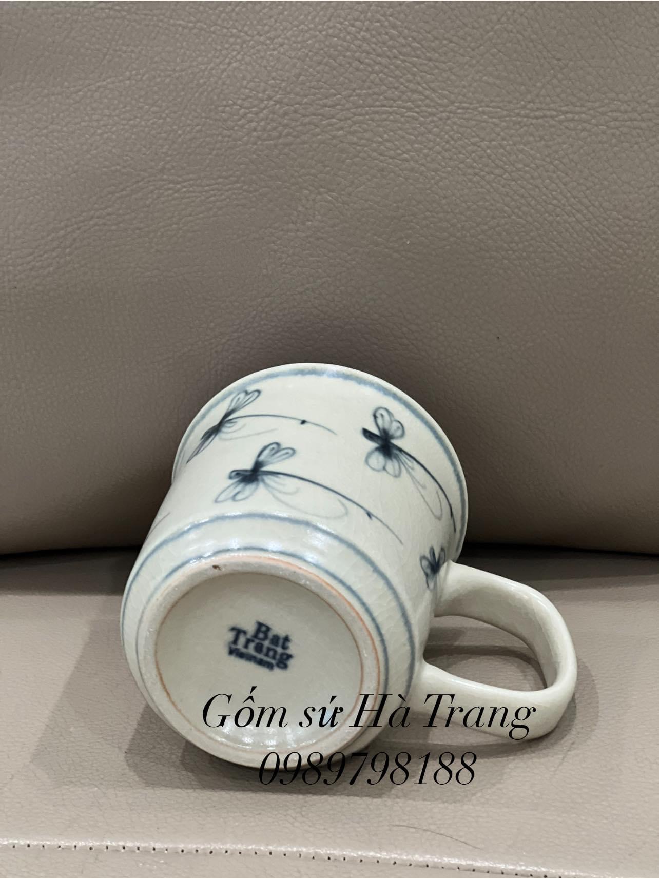 Cốc sứ Bát Tràng dung tích 250ml men rạn vẽ tay xuất dư hoạ tiết chuồn kim