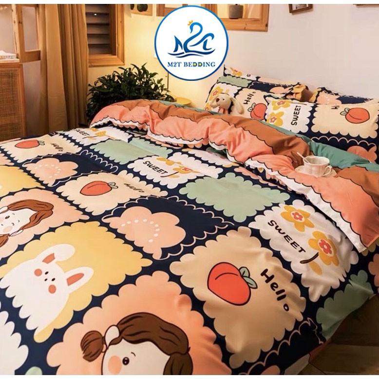 Bộ chăn ga gối Cotton poly M2T bedding Cô bé thỏ trắng, vỏ chăn mền, drap nệm và 2 vỏ gối
