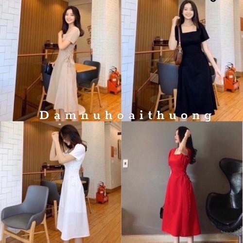Đầm nữ dự tiệc / Váy cổ vuông chiết eo 2 lớp tôn dáng