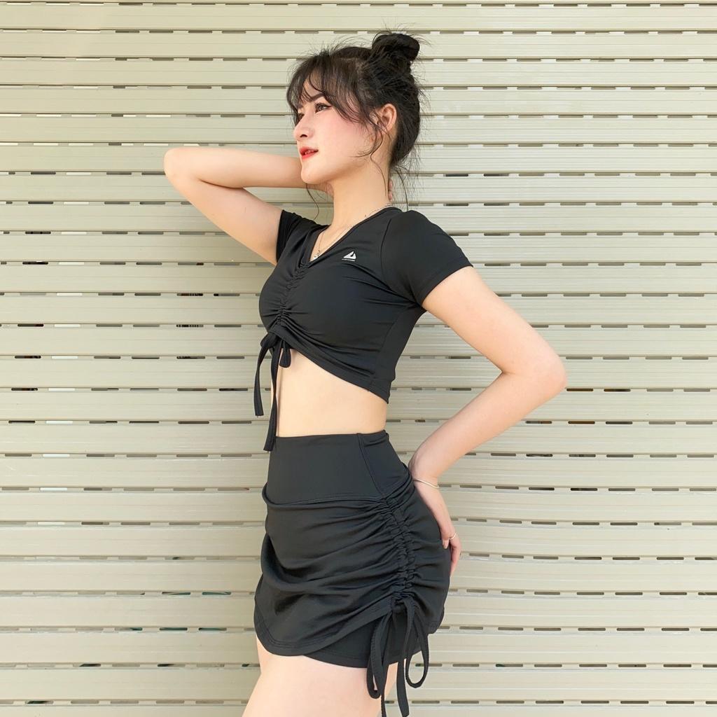 Set Đùi Chân Váy 2 Lớp Rút Dây Áo Croptop Thể Thao Năng Động Đi Bơi,Tập Gym Yoga, Chạy Bộ Aerobic