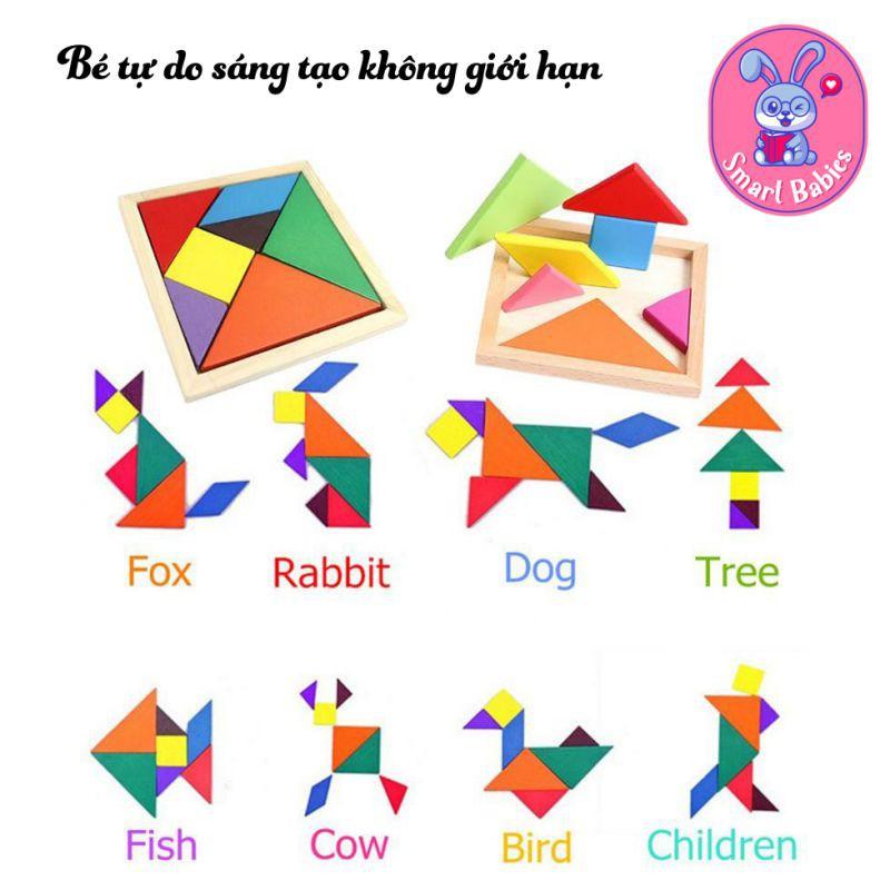 Đồ chơi trí uẩn Tangram 12x12cm, đồ chơi xếp gỗ thông minh trí tuệ cho bé