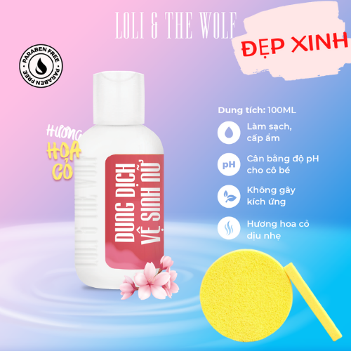 Dung dịch vệ sinh phụ nữ Loli The Wolf hương thơm tự nhiên mùi hoa cỏ chai diện mạo mới 100ml Tặng Kèm Mút Rửa Mặt