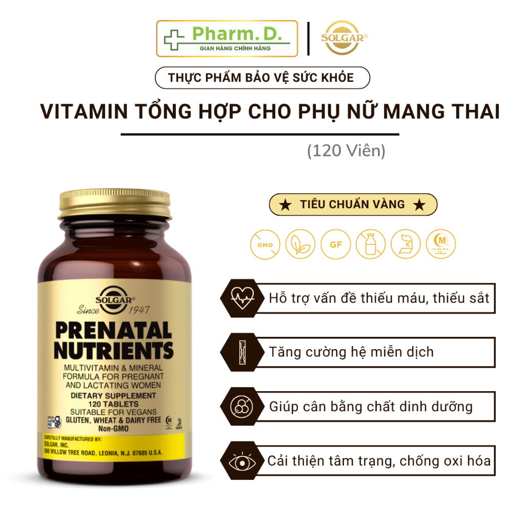 Viên Uống Bổ Sung Vitamin Tổng Hợp Cho Phụ Nữ Mang Thai Và Sau Sinh Solgar Prenatal Nutrients (120 viên)