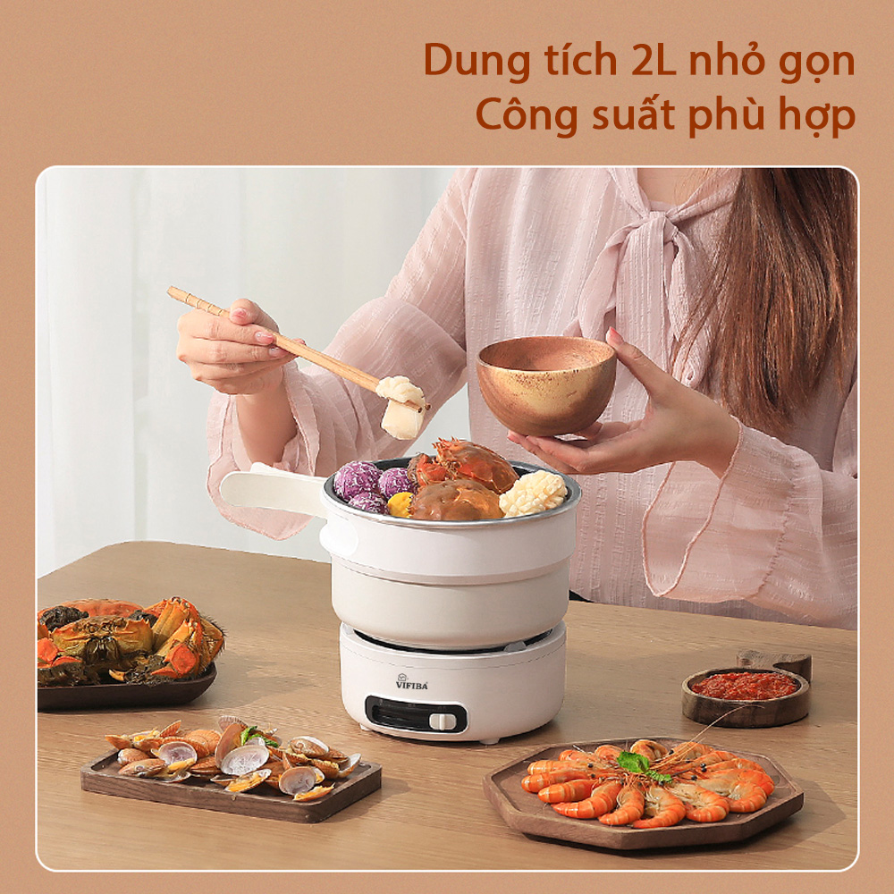 Nồi lẩu điện đa năng tay cầm gấp gọn, Nồi điện bếp tách rời, Nồi 2L - Nấu, Chiên, Xào, Hấp, Lẩu , Cháo,...