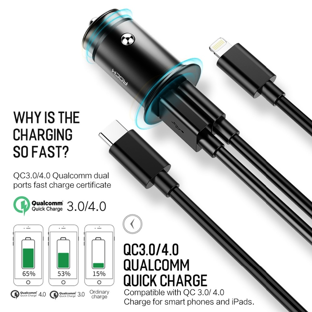 Tẩu củ sạc nhanh 30W đa năng cổng Type-C PD và USB hiệu Rock Metal Mini cho xe hơi / xe ô tô hỗ trợ Quick Charge 3.0 / Quick Chagre 4.0 - Hàng nhập khẩu - Đen