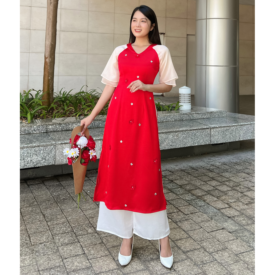 Áo dài cách tân cổ V kết đá dễ thương AD025 - Lady Fashion - Khánh Linh Style