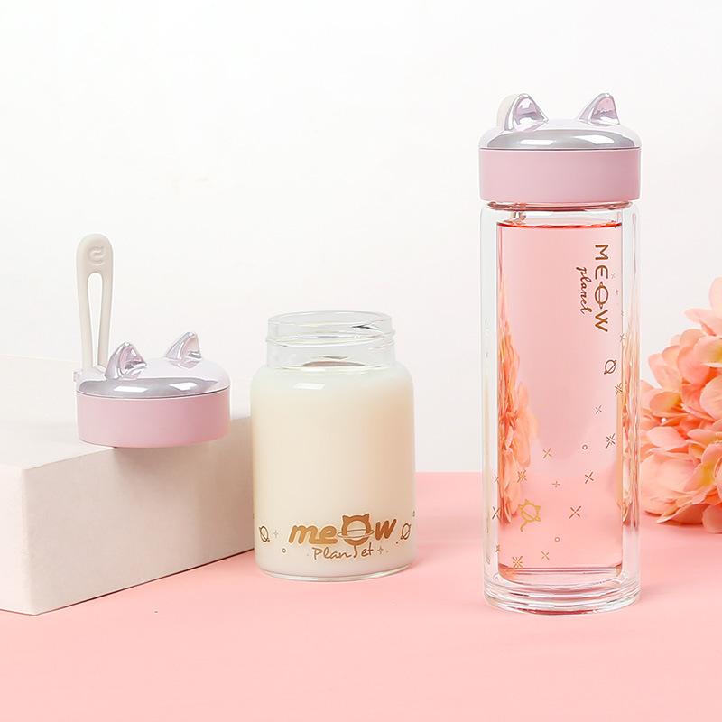 Educhild Mèo Kính Bình Nước 300Ml Ngoài Trời Sáng Tạo Giữ Nhiệt Có Dây Hoạt Hình Di Động Phụ Nữ Uống Nước
