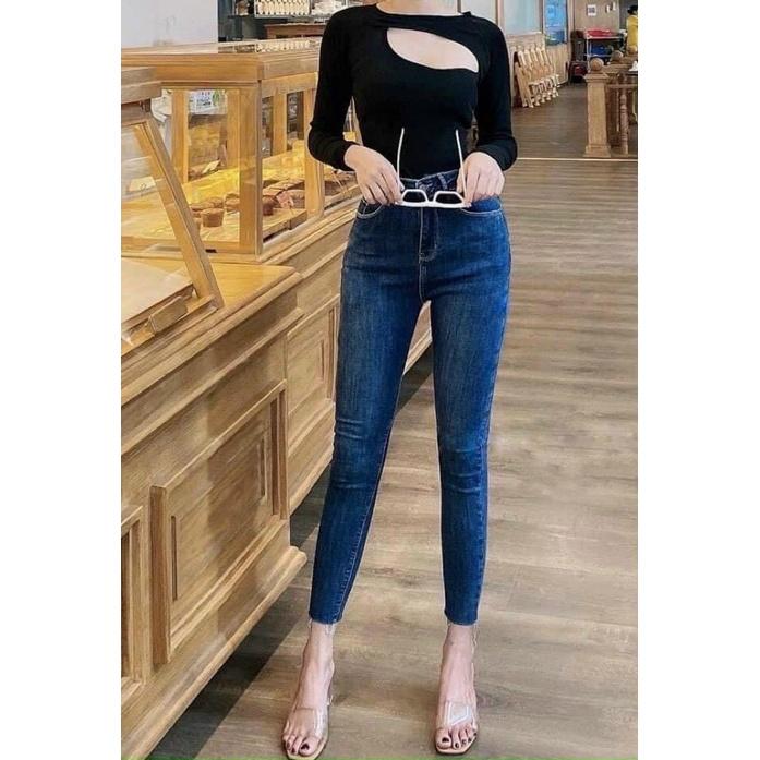 Quần jeans 9 TẤC BigSize co dãn mạnh, lưng cao, màu xanh đậm tua lai 4210