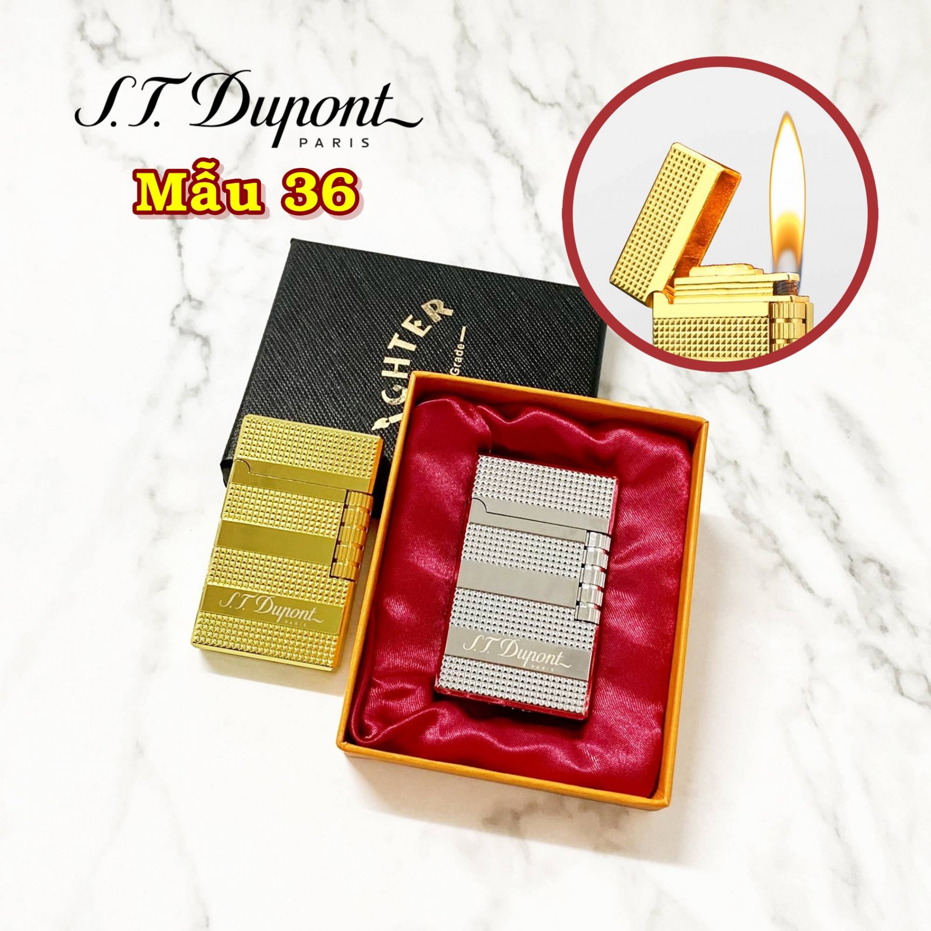 Hột quẹt bật lửa Dupont vân kim cương 3 sọc ngang M36 (S.T. DUPONT) - xài gas