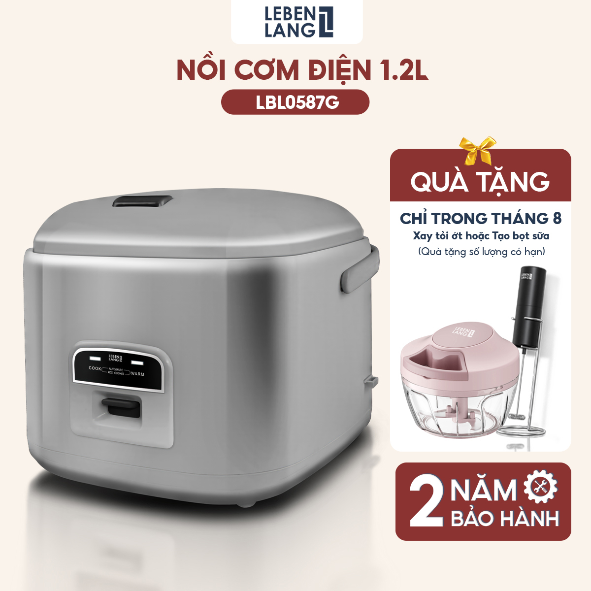 Nồi cơm điện Lebenlang LBL0587, dung tích 1200ml, công suất lớn 500W, giữ nhiệt đến 4h, thiết kế đơn giản, tặng kèm xửng hấp, bảo hành 2 năm - hàng chính hãng