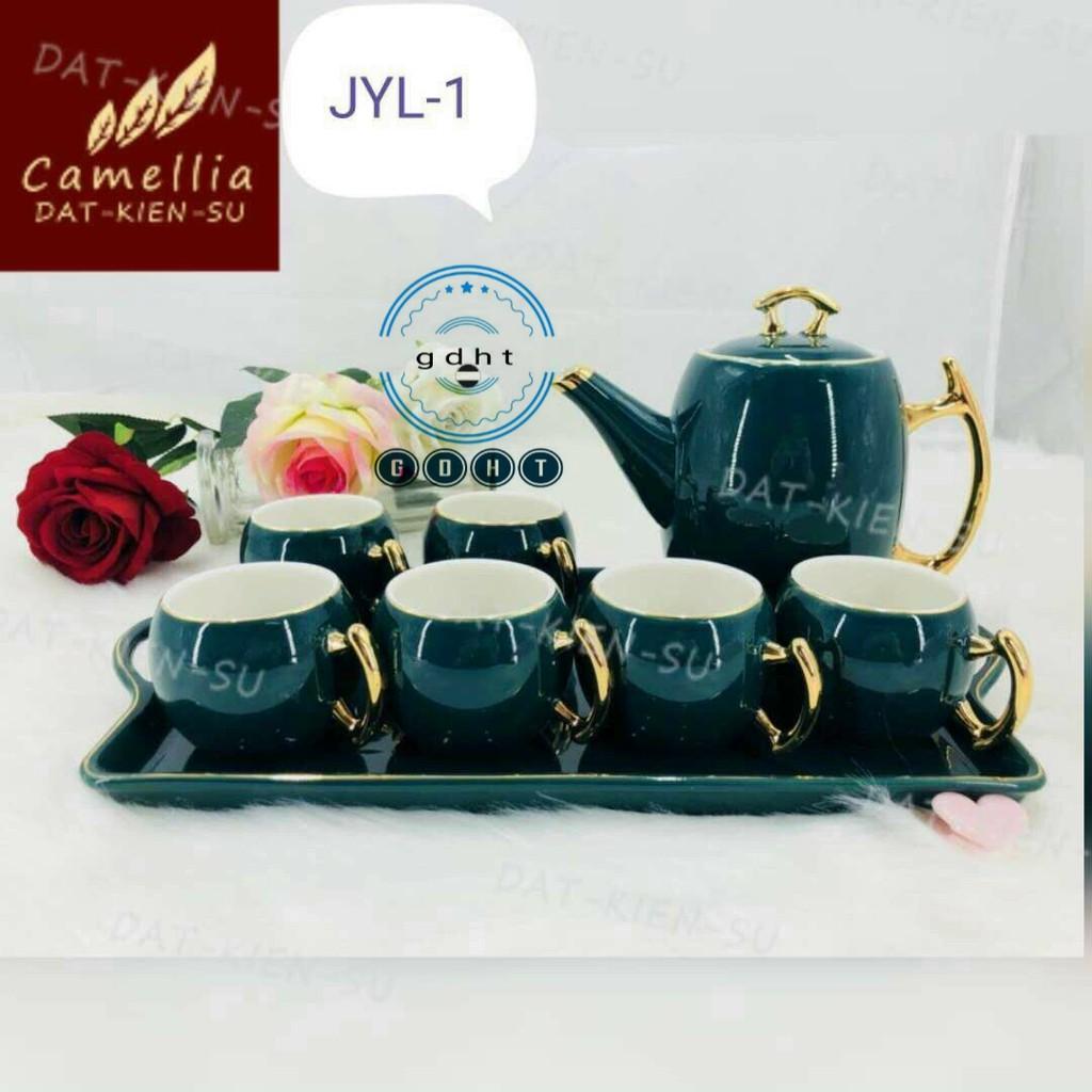 Bộ ấm trà xanh cổ vịt mạ vàng sang trọng