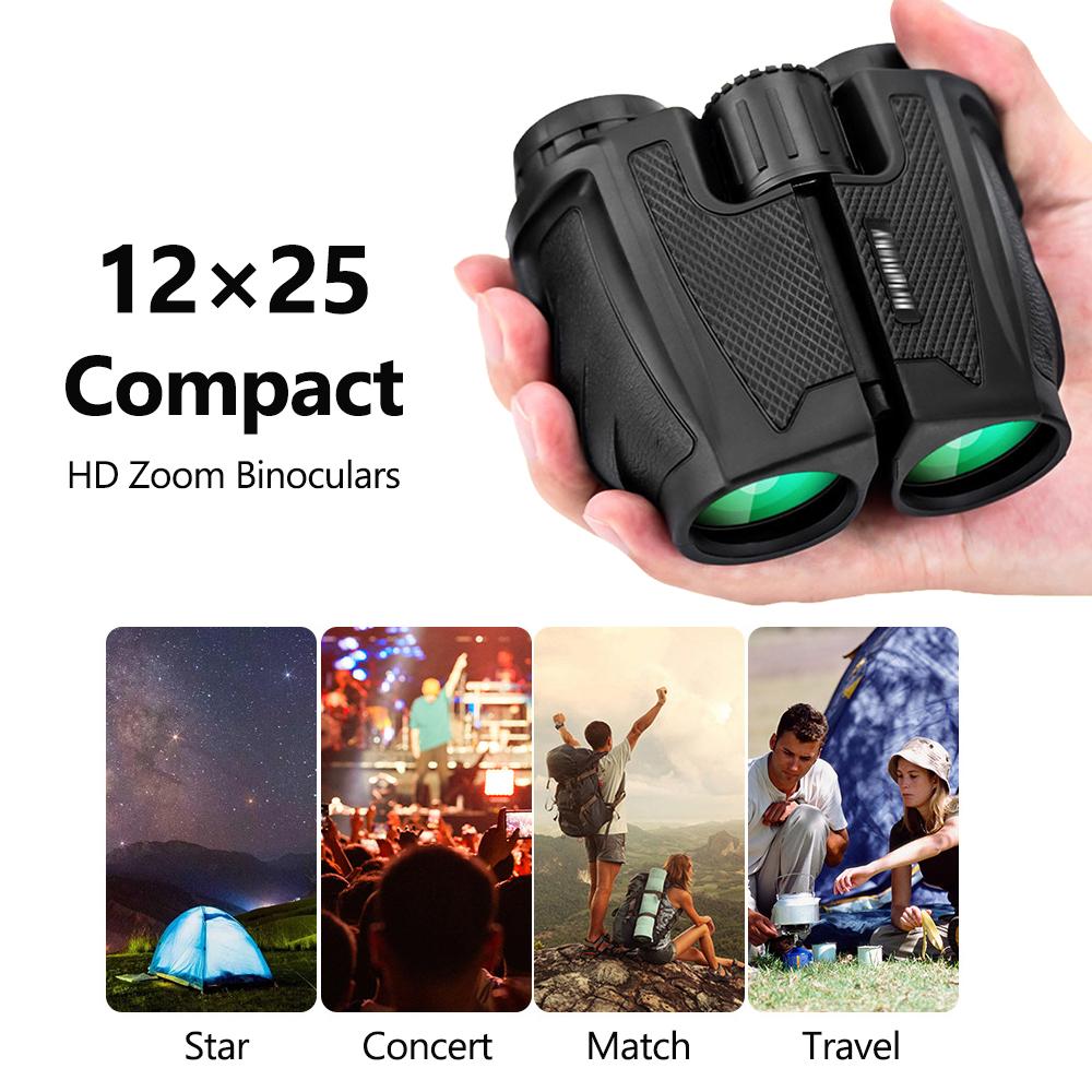 12×25 Compact HD Zoom Binoculars Low Light Night Vision High Definition BAK4 Prism Binocular Telescope with