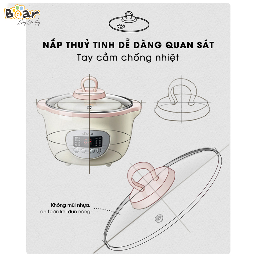 Nồi nấu chậm Bear SUBE002 1,6L màu nâu với 7 chức năng cho các hoạt động: Nấu, hấp, hầm cách thủy, giữ 100% giá trị dinh dưỡng, ... có ruột nồi bằng sứ cao cấp