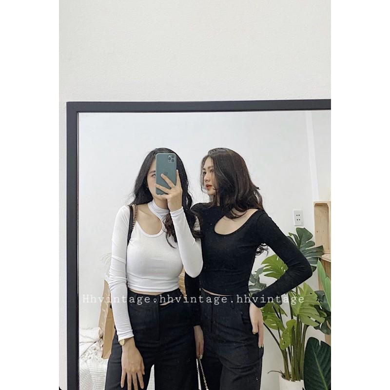 Áo cắt vai tay dài - Tím,Freesize dưới 55kg