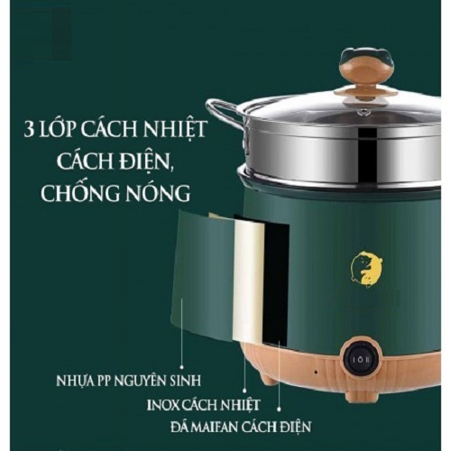 Nồi lẩu điện mini đa năng 2 tầng chống dính kèm giá hấp Inox với 2 nấc nhiệt tiện lợi 18CM, nồi nấu đa năng cho sinh viên, hoc sinh