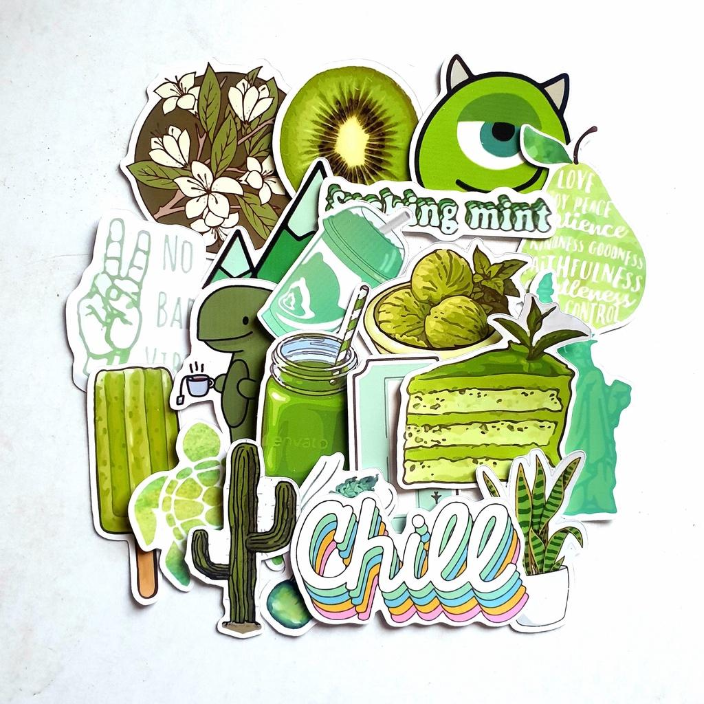 Bộ 20 sticker chống nước Green tone trang trí mũ bảo hiểm, đàn, guitar, ukulele, điện thoại laptop