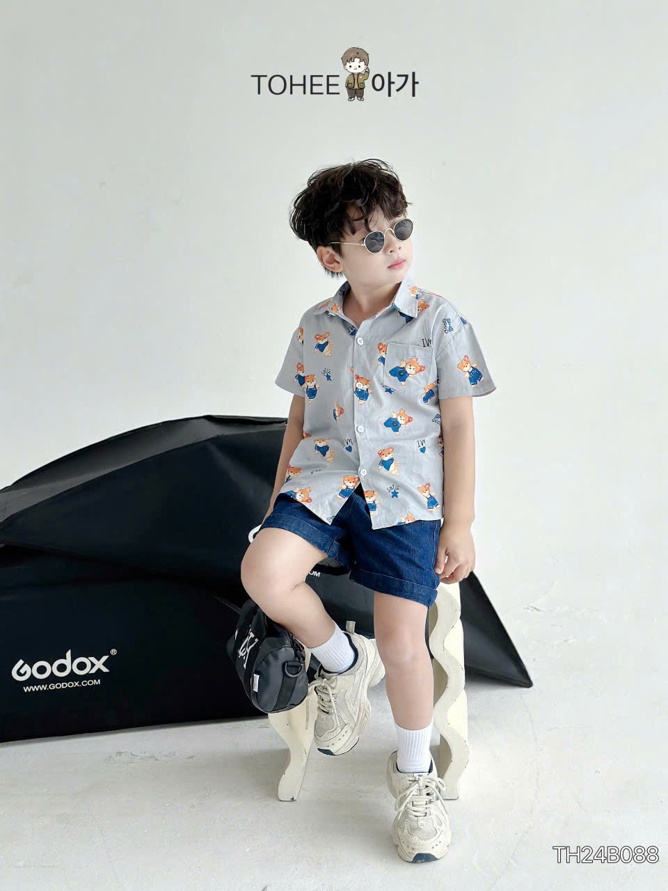 Set bộ cho bé trai áo sơ mi phối quần jeans họa tiết gấu từ 10-25kg chất vải mềm mát