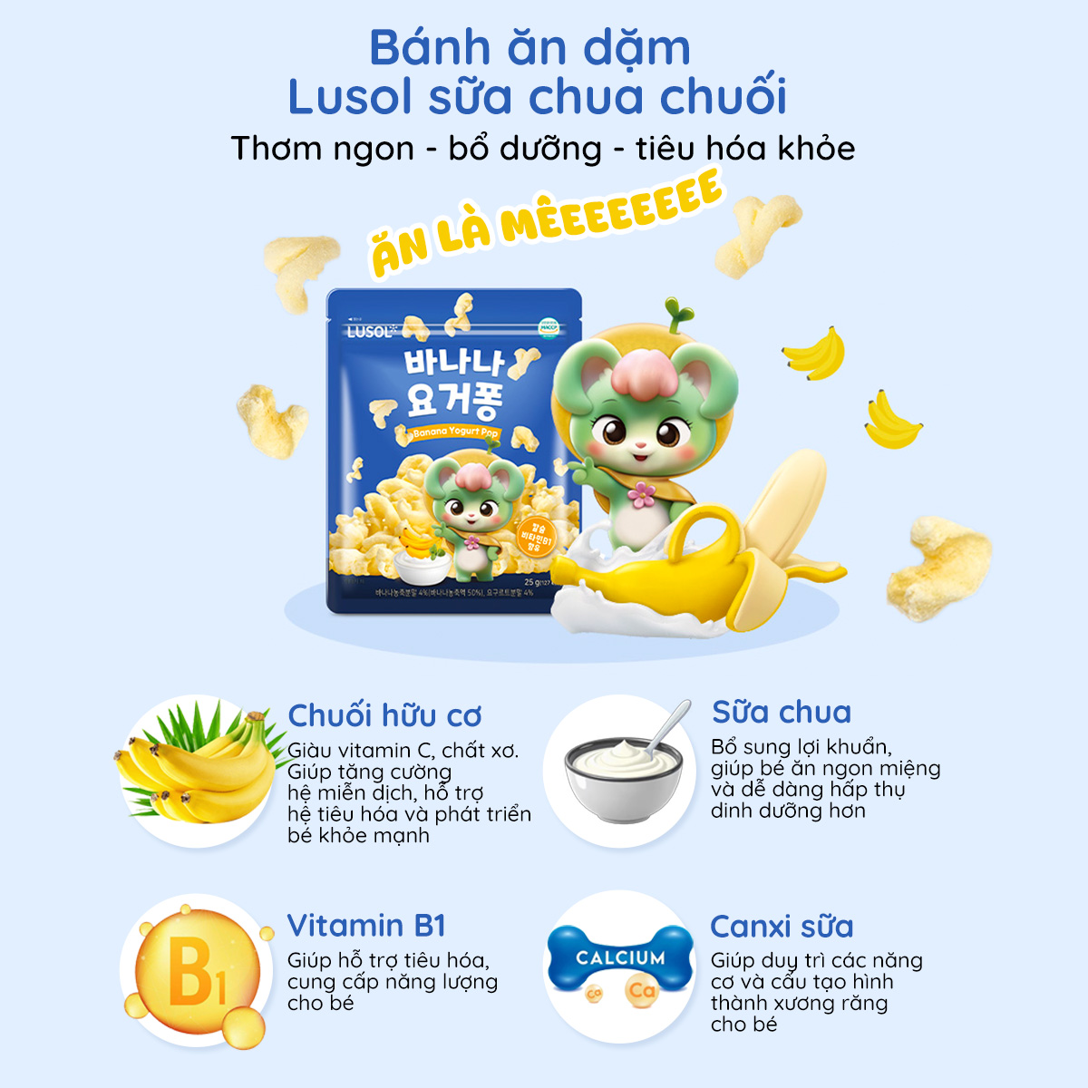 Bánh ăn dặm Lusol vị sữa chua chuối và phô mai Triple Cheese Lusol cho bé từ 12 tháng