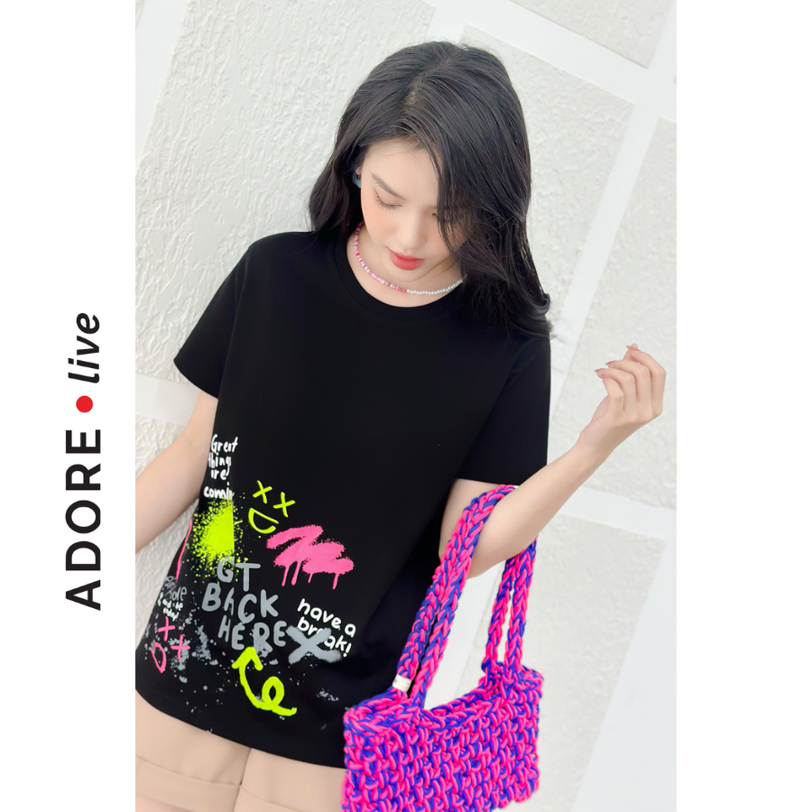 Áo Phông Graphic T-shirts casual style cotton đen in text 321TS20218 ADORE DRESS