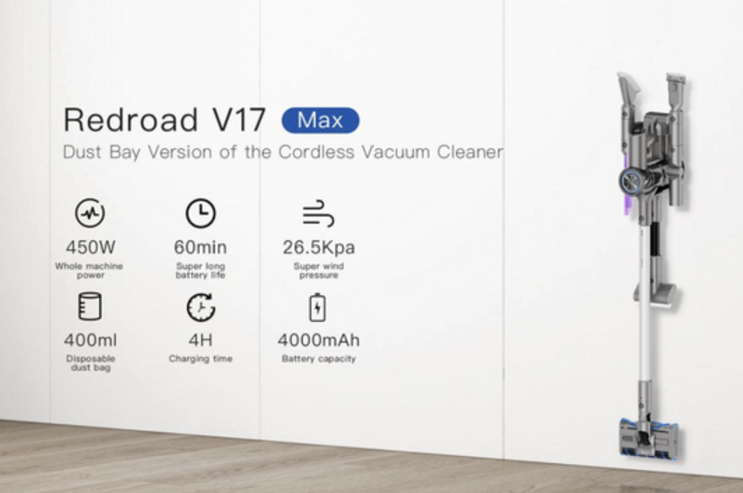 Máy Hút Bụi Không Dây Cầm Tay XIAOMI REDROAD V17 MAX - Đổ Rác Tự Động Với Bộ Lọc Kép Lực Hút Cực Mạnh 26500 Pa Thời Gian Làm Việc 60 Phút, Diện Tích Hoạt Động 200m2 Công Suất 450 W - Hàng Chính Hãng