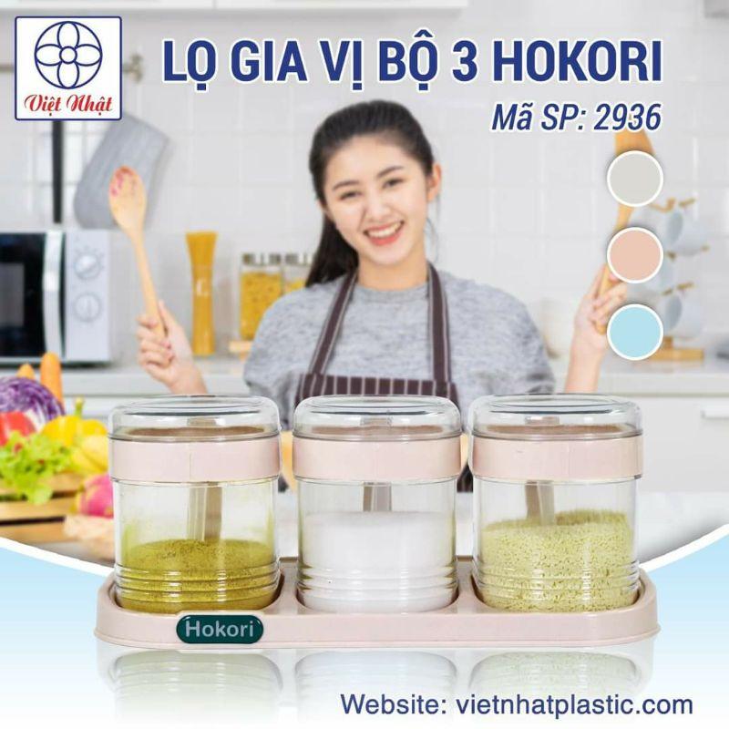 Set 3 hũ đựng gia vị HOKORI nhựa trắng trong suốt kèm muỗng dung tích 700ml