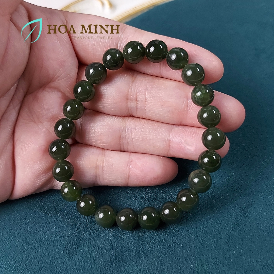Vòng tay đá Ngọc Bích Nephrite tự nhiên xanh đậm size hạt 7.9 - 8.3 li không kén mệnh