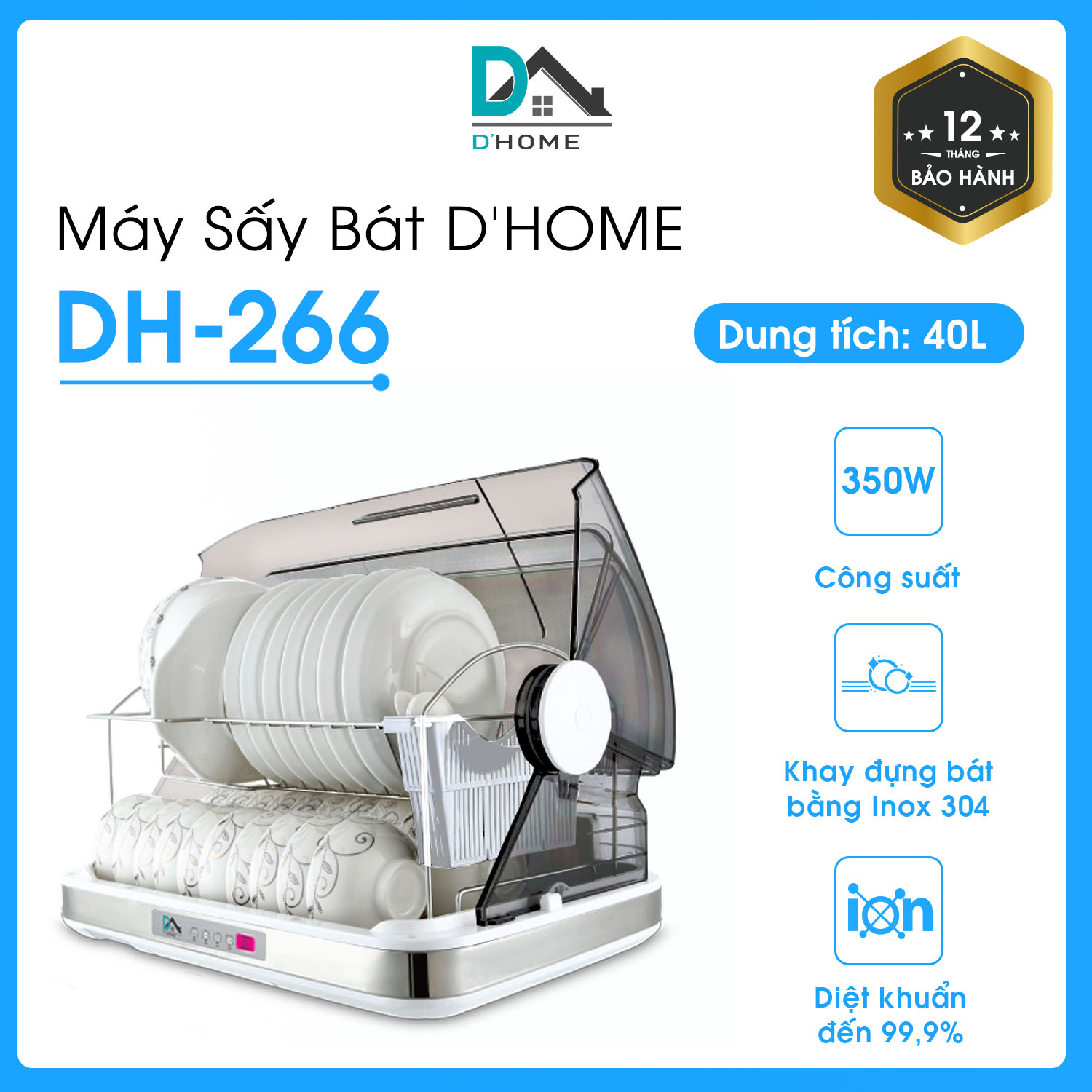 Máy Sấy, Chén Bát Chất Lượng DHOME DH-266, dung tích 40L -  Khử Trùng Bằng Tia Cực Tím - Hàng Chính Hãng