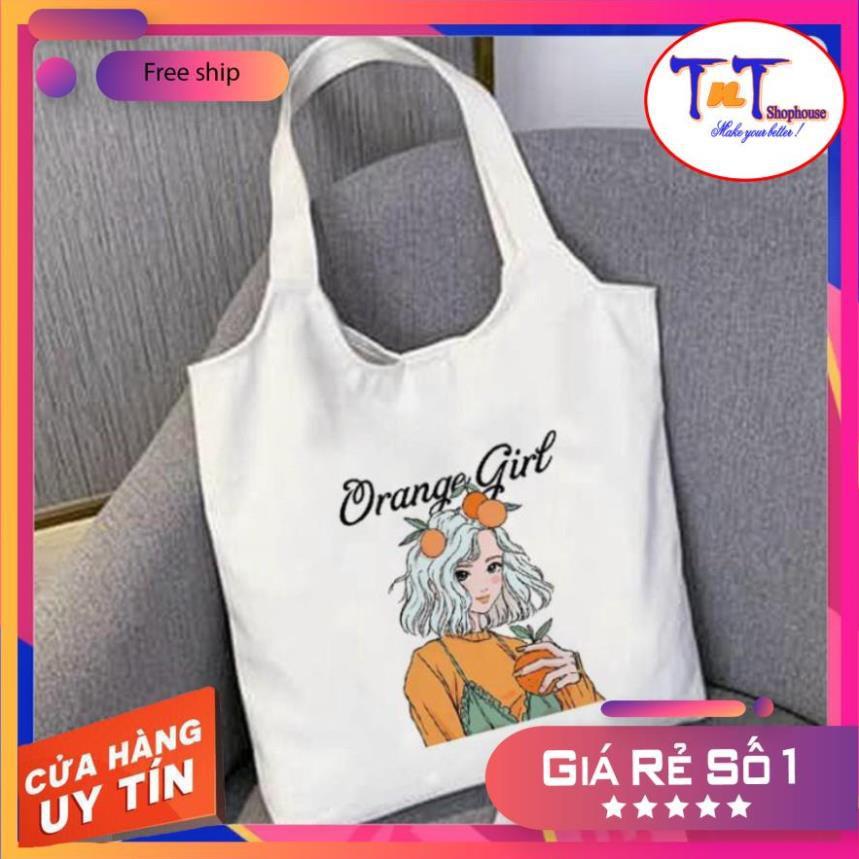 Túi tote vải canvas có khóa kéo miệng túi in hình dễ thương