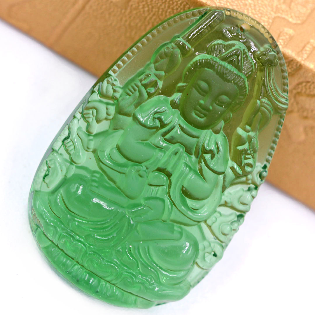 Mặt Phật Thiên thủ thiên nhãn 5 cm  thuỷ tinh xanh lá kèm móc và dây chuyền inox, Mặt Phật bản mệnh, Quan âm nghìn tay nghìn mắt