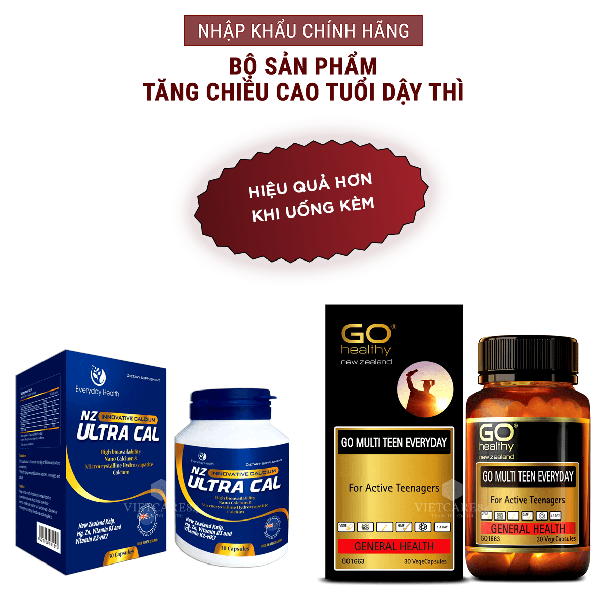 Bộ sản phẩm tăng chiều cao tuổi dậy thì nhập khẩu chính hãng gồm: Viên uống Canxi hữu cơ nano NZ ULTRA CAL  và viên đa vitamin cho tuổi teen GO MULTI TEEN EVERYDAY giúp xương chắc khỏe, phát triển chiều cao tối ưu