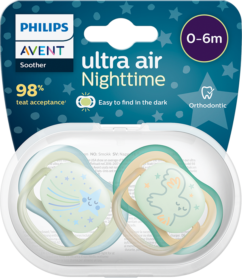 Ty ngậm Philips Avent dạ quang cho bé 0-6M (SCF376/18, vỉ đôi)