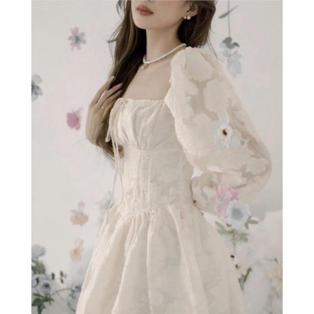 Đầm xòe tay dài phồng chất ren hoa cổ vuông dây nơ xếp ly đi biển dự tiệc cao cấp size S M L chiết eo