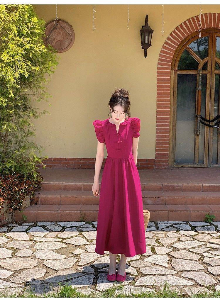 SHUANGYAN Phong cách Pháp phục cổ màu đỏ Tiểu Phi tay áo đầm nữ mùa hè thu eo lộ ra gầy chữ A váy đầm khí chất cao cấp cảm giác váy dài