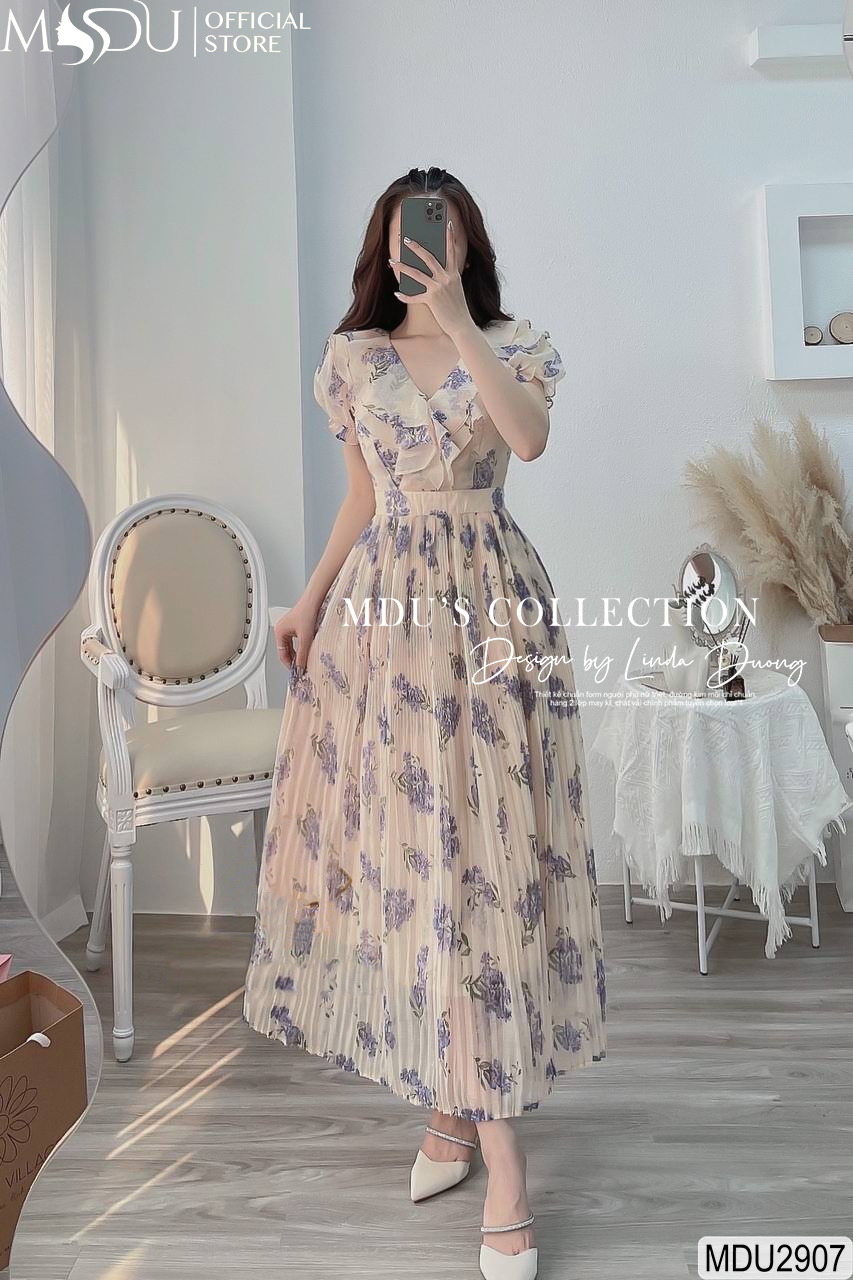 [MIỄN SHIP] MDU2907 Váy hoa chất tơ Hàn thiết kế cao cấp, tay bồng xòe mềm mại