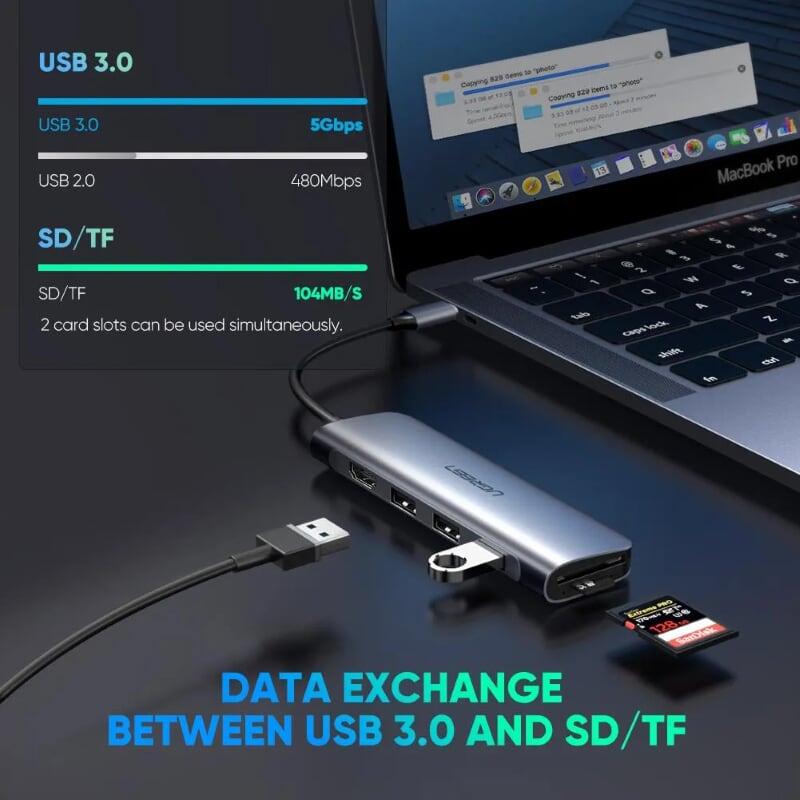 Ugreen UG70410CM195TK 15CM bộ chuyển đổi USB Type-C sang HDMI + TF/SD + 3 cổng USB 3.0 màu bạc không hỗ trợ PD - HÀNG CHÍNH HÃNG