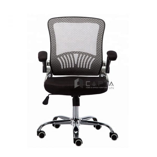 Ghế xoay văn phòng dành cho nhân viên CE4275-M Nội thất Capta Ghế làm việc lưng trung lưới màu cam nệm vải xốp màu đen khung nhựa xi màu xám bạc chân thép mạ chrome