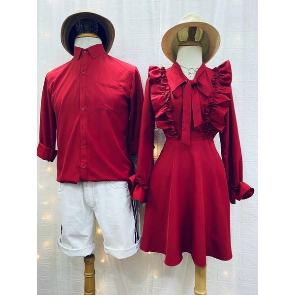 Set áo đầm sơ mi đôi màu đỏ đầm tiêu thư xòe cột nơ, đồ cặp áo cặp Hàn Quốc đi biển đi chơi chụp hình cưới - Smice House