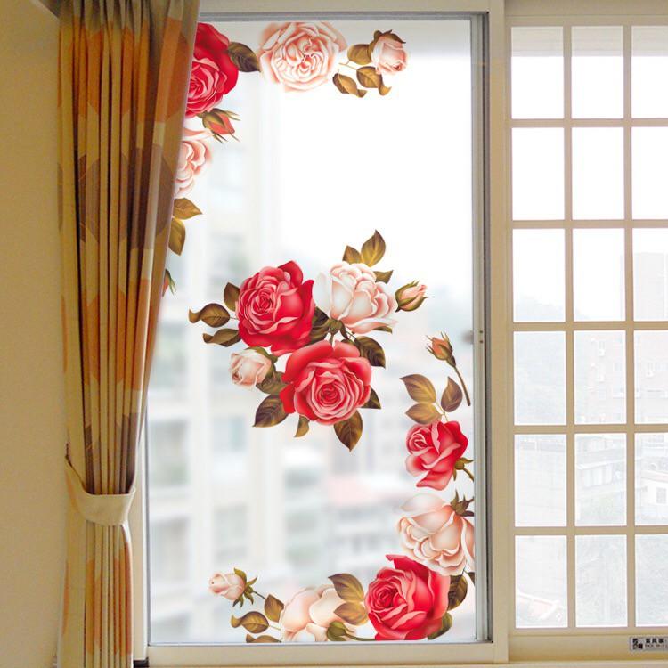 Decal dán kính cao cấp - Hoa Hồng Mẫu đơn đỏ hồng