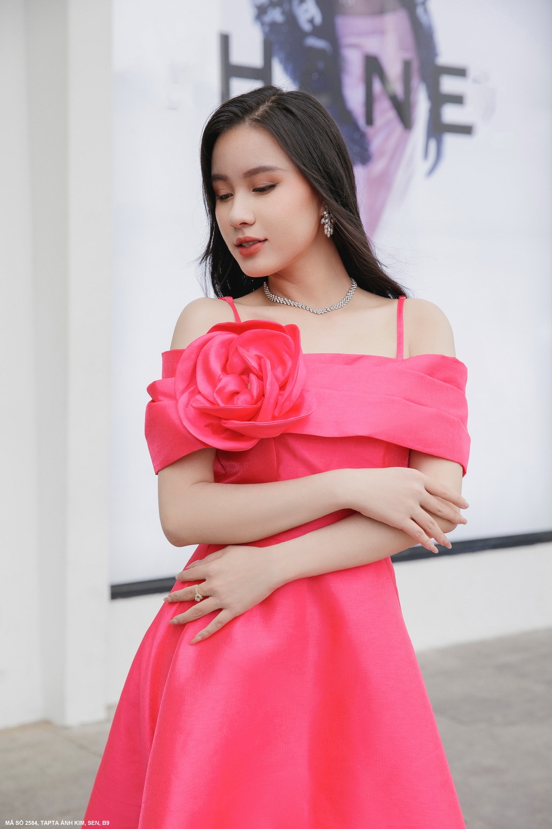 ĐẦM XÒE TRỄ VAI ĐÍNH HOA HỒNG